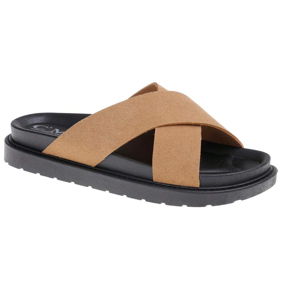 calcena Women's Black Crossover Slide Sandals With Cushioned Sole – Soft Faux Suede Wide Straps And Comfortable Platform For Summer Daily Use - Mocha Brown - View 1