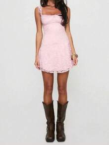 Elegant Fashion Ruffle Strap Bow Decor Lace Patchwork Sleeveless Bodycon Mini Dress - Pink - View 7