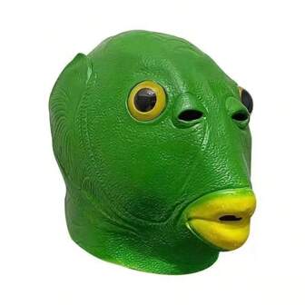 1pc Green Fish Head Funny Mask, Latex Material Novelty Animal Costume Accessory, Unisex Pranks Prop, Suitable For Parties, Holidays, Halloween, Christmas Mask Decoration