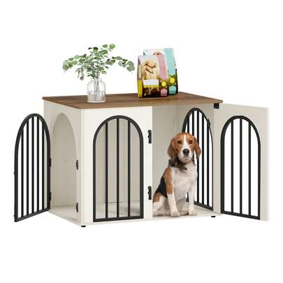 HEXCELEN Dog Crate Furniture, 80 Cm Wooden Dog Crate, Indoor Kennel For Small/Medium Dogs, End Side Table Animal Crates, Anti-Chew, Anti-Escape, Arched Door Design, White Brown
