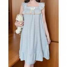 Blue And White Gingham Checkered Nightgown For Women - Square Neck With Ruffle Trim, Bow Detail, And Built-In Bra Pads, Lightweight Polyester Sleep Dress For Summer, Elegant Court Style, Lingerie Nightgown - Màu xanh lam - Xem 1