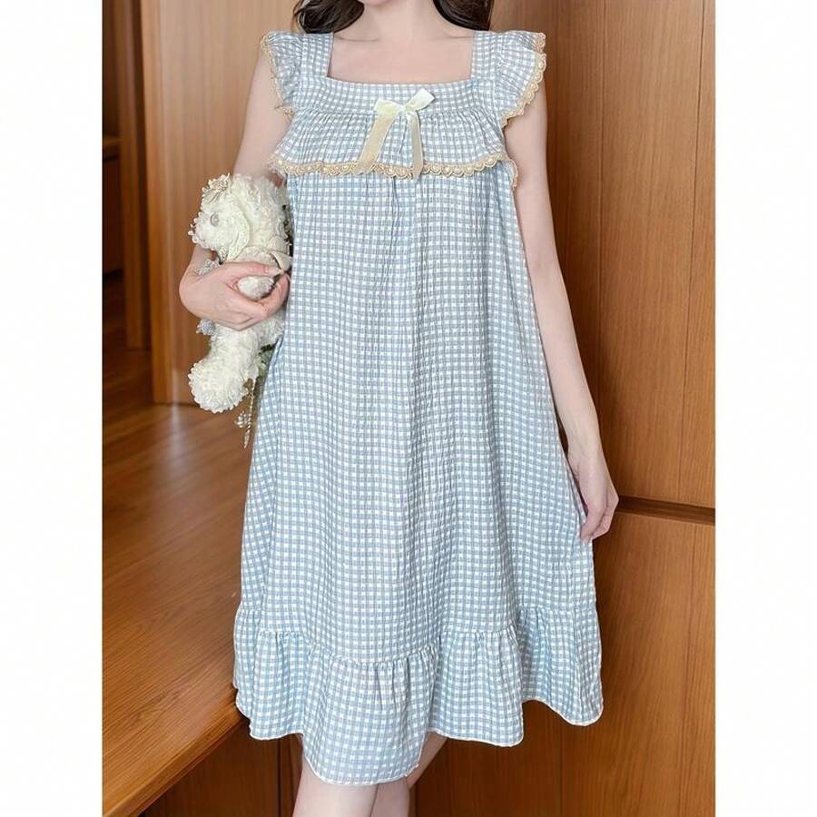 Blue And White Gingham Checkered Nightgown For Women - Square Neck With Ruffle Trim, Bow Detail, And Built-In Bra Pads, Lightweight Polyester Sleep Dress For Summer, Elegant Court Style, Lingerie Nightgown - Màu xanh lam - Xem 1