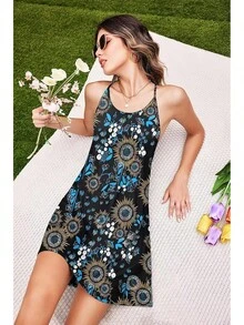 Women's Racerback Sleeveless Nightgown, Sleepwear - Black Plant Flower - View 3