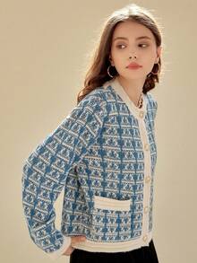 Knit Mix Women's Knitted Geometric Pattern Commuter Shirt, Suitable For Autumn/Winter, Round Neck Long Sleeve With Pocket, Regular Loose Fit, Comfortable, Back To School Season - Blue and White - View 7