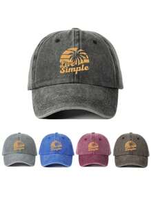 1pc Women Embroidered Palm Tree Washed Baseball Cap, Adjustable Outdoor UV Protection Sun Hat For Spring Autumn Travel Beach Vacation, Y2K Style Unisex Youth Cap