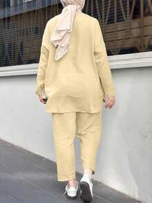 圣诞节宽松休闲中东阿拉伯风格落肩纯色两件套女装，圣诞节服装，新年派对服装，优雅女士套装，休闲女士套装，节日服装，冬季服装 - 米色 - 查看 3