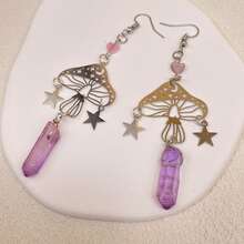 复古镂空蘑菇星月石英吊坠耳环，合成紫白宝石耳环天体太阳月亮星星波西米亚风复古珠宝，适合女性日常魔法和礼物 - 彩色 - 查看 2