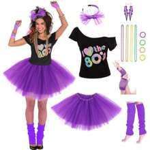 17 pièces Ensemble d'accessoires de costume des années 1980 : Mini-jupe, boucles d'oreilles, collier, bracelet, gants en résille, legwarmers, bandeau, pour Halloween, carnaval et célébration