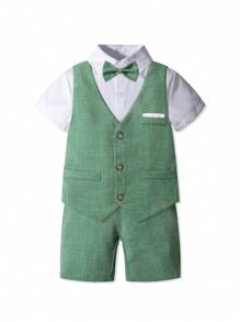 Conjunto de 4 piezas para niño pequeño: chaleco, camisa de manga corta, pantalones cortos, corbata de moño, vestimenta formal de caballero para bodas de verano para niños