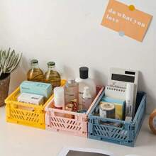 2pcs Mini Foldable Storage Basket, Collapsible PP Organizer Box For Kitchen, Bathroom, Office, Stationery, Notebook, Cosmetics Desk, Available In Multiple Colors, Desktop Organization Tool, Shelf Basket