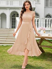 MIUSOL Đầm dạ hội maxi tay ngắn xếp tầng bằng chiffon đính sequin và ren hoa phối màu tương phản, kiểu dáng thanh lịch mùa hè. - Rượu sâm banh - Xem 10