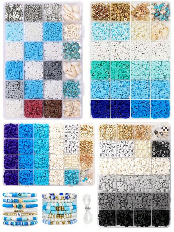 3164pcs Blue And Black Polymer Clay Beads + 2000pcs Natural Gemstones + 3000pcs Bohemian Beads + 40g Mixed Color Heart Shaped Beads - DIY Bracelet Making Kit, Includes Letter Pendant, Turquoise, Shell, Friendship/Birthday Gift Jewelry DIY Set