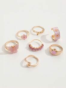 Colección de 7 piezas de anillos decorativos elegantes, dulces y con estilo en color rosa - Perfectos como regalo de cumpleaños para adolescentes - Rosa - Ver 3