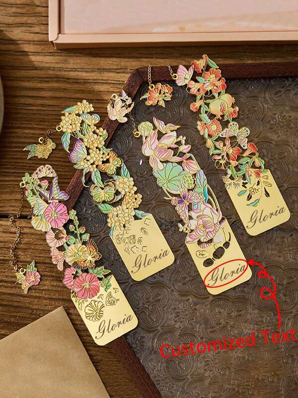 Marcadores de página de metal vazados com texto/logotipo personalizados, série de flores, presente de volta às aulas, presente para professor/amigo, marcador de leitura para escritório/aluno, presente motivacional de aprendizagem