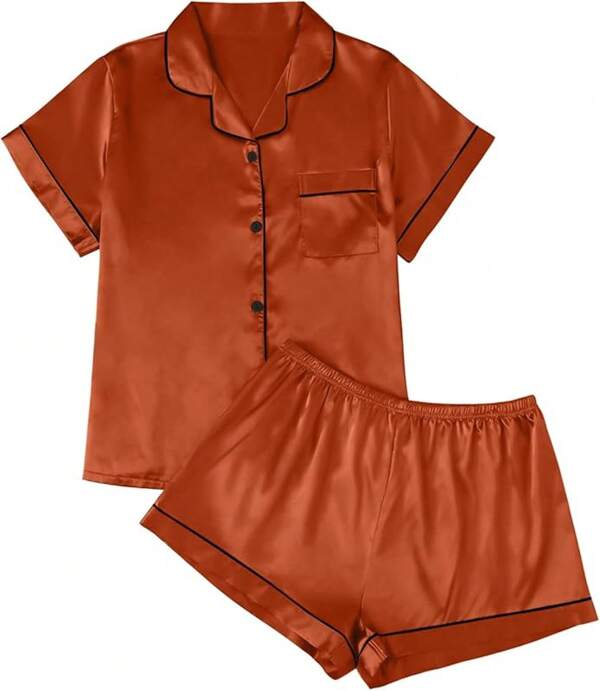 LILLUSORY Silk Satin Pajama Set Women 2 Piece Lounge Pjs Shorts Matching Summer Sleepwear Button Down Shirt Shorts Halloween