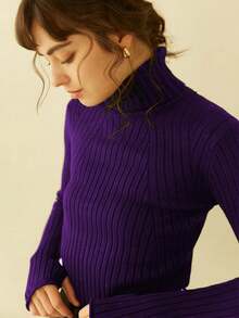 Knit Mix High Neck Ribbed Knit Jumper - Violet Purple - View 6