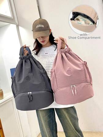 1pc Large Capacity Casual Sport Gym Bag For Women Men,Solid Color Dry Wet Separation Yoga Fitness Bag With Shoe Compartment For Swim Basketball Outdoor Hiking Backpack