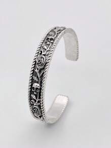 1pc Vintage Adjustable Skull & Rose Floral Engraved Bangle Bracelet, Rocks/Casual Style For Men