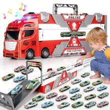 1 pieza Conjunto de juguete de camión de bomberos con pista, juguete de carro a empujar y avanzar para niños pequeños, pista de carreras de 65 pulgadas e incluye 20 vehículos, juguetes para niños y niñas de 2 a 8 años, regalos de cumpleaños/Navidad/días festivos