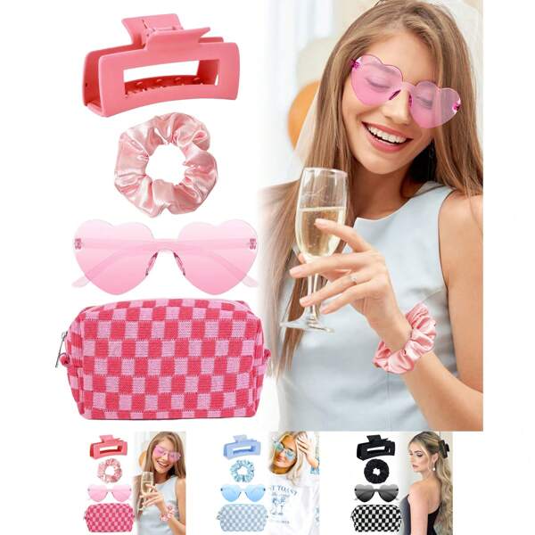 4PCS Bachelorette Party Gifts Bridesmaid Proposal Gifts Bachelorette Pink Cowgirl Beach Hair Clips Hair Scrunchies Bridesmaid Glasses Pinkl Hair Claw Makeup Bag Bride Wedding Favor