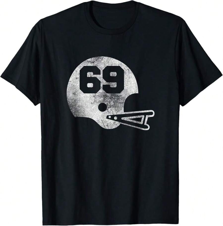 Vintage Football Jersey Number 69 T-Shirt Player Number T-Shirt Gift For Crafters Father's Day Gift For Grandpa - Black - View 1