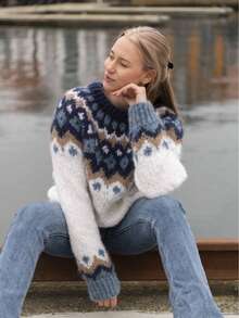 女士常规版型针织套头毛衣，饰有优雅的费尔岛图案和罗纹细节，适合春季日常穿着和通勤，白色 - 白色 - 查看 6