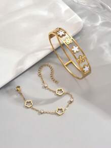 Juego de pulsera y brazalete de acero inoxidable con diseño de strass y trébol, estilo elegante y de moda, adecuado para uso diario de mujer, regalo de Navidad, regalo festivo