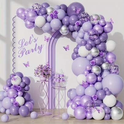 100pcs Purple Balloon Arch Garland Set, Lavender Party Decor With Silver Metallic Purple Balloons & Butterflies For Boys Girls Kids Birthday Wedding Baby Shower