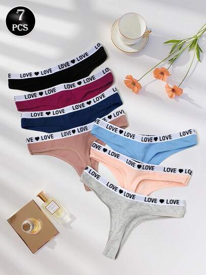 7pcs Women Simple Letter Elastic Waistband Thong Panties