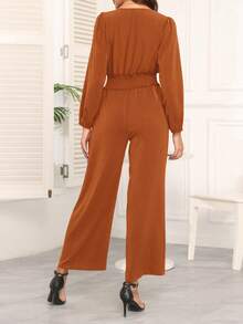 COMFYVOGUE Women's Solid Color Crossed V-Neck Lantern Sleeve Ruffle Wide Leg Elegant Jumpsuit - 橘色 - 查看 2