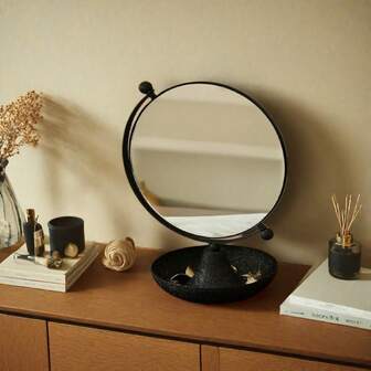 1pc Vintage Iron Art Desktop Makeup Mirror, Embossed Floral Iron Makeup Mirror, Rotatable & Adjustable Single-Sided Mirror For Bedroom, Living Room, Bathroom, Home Beauty