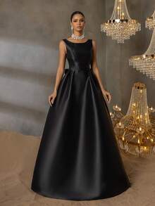This Elegant And Refined Wedding Dress Features A Boat Neckline, Sleeveless Backless Design, And An Eye-Catching Waist Bow Accent. The A-Line Silhouette Is Suitable For Weddings, Formal Ceremonies, Church Events, Grand Galas, And Destination Celebrations, Making It An Ideal Choice For The Bride. - Black - View 1