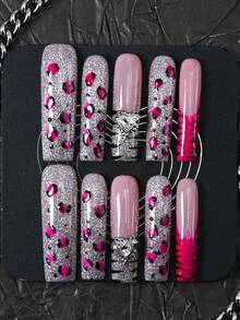 CrystalHola 10pcs Handmade Press On Nail Fake Nails, Pink Nails, Rhinestones, Stickers,DIY,Nail Supplies, Fake Nails, French Style, Extra Long Ballerina ,Flower Style Full Coverage Fake Nails, Hot Girl Style, Upgrade Your Look, Suitable For Parties/Music Festivals And Daily Wear, Women/Girls Travel, Party - 彩色 - 查看 3