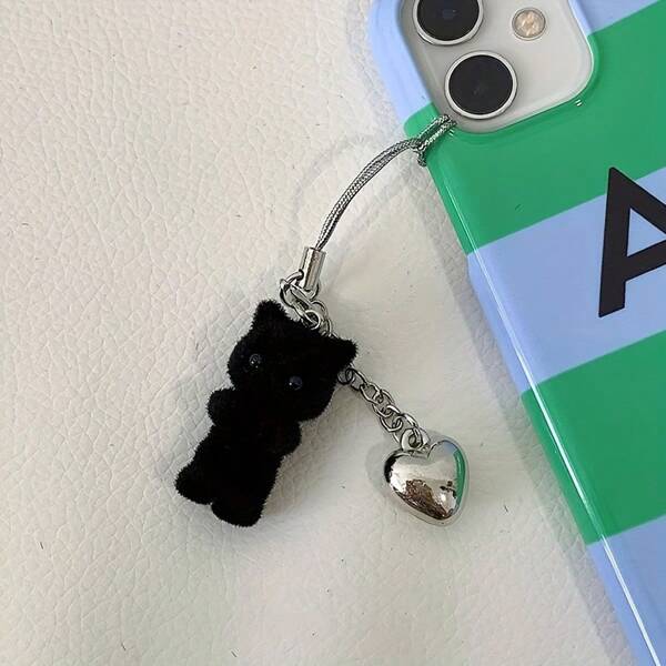 Gato negro minimalista y lindo, gato negro, colgante de teléfono móvil con corazón de cadena, colgante de teléfono, colgante de bolso, cordón de teléfono, colgante de bolso, pequeño Pt, cadena divertida, colgante de estuche de auriculares