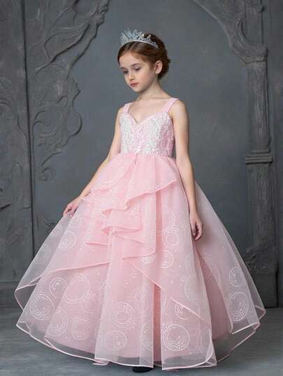Pink Sequin Camisole Dress For Young Girls, Princess Dress Suitable For Parties And Performances