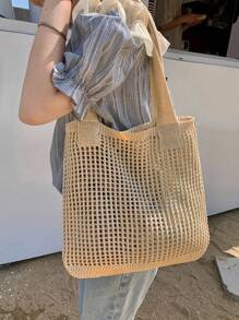 Bolso de hombro de mujer tejido a crochet de estilo minimalista y hueco, con gran capacidad y con hilos gruesos de punto, bolso de malla para compras, bolso de playa y de viaje, bolso bohemio de moda de verano de punto con diseño hueco tejido a mano.