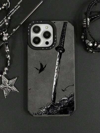 Anime 1pc Japanese Sword Print Horror Pattern Soft Fuzzy Phone Protective Case, Compatible With Apple IPhone11/12/13/14/15/16/16PRO/16PROMAX & Galaxy A05/A15/A25/A35/A53/A54/A55/S23/S24