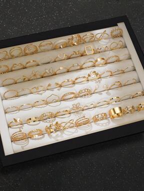 66/22 قطعة مجموعة خواتم قلب وفراشة وزهرة وورقة ونجمة ورينستون ولؤلؤ مزيف وهندسية وموجة ومجعد ودائري للتراكب، جميلة، أنيقة، عصرية، عتيقة، للأعياد والحفلات والاستخدام اليومي (بدون علبة)