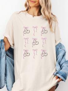 Tshirt Feminina Estilosa Estampada Cereja Laço Estampada Lançamento Camiseta 100% Algodão Camisetão Solta Oversized Plus Size Camiseta - Bege Claro - Visão 1
