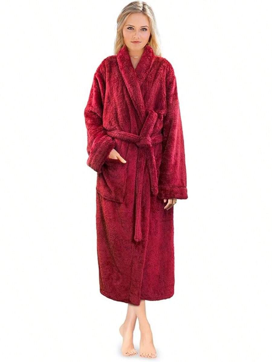 Premium Womens Plush Soft Robe Fluffy, Warm, Fleece Sherpa Shaggy Bathrobe (S/, Black) - Wine - View 1
