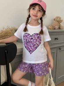 2pcs Young Girl Summer Casual Heart Print Short Sleeve T-Shirt + Shorts Set, With Heart Pattern, Suitable For Outdoor Wear, Children Valentine's Day Outfit - Purple - View 3