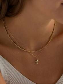 Collier avion élégant, collier pendentif avion doré pour femme, collier multicouche en acier inoxydable doré, collier de voyage, cadeau pour les amateurs de voyage, collier pendentif avion à double chaîne, cadeau de bijoux pour les vacances - Doré - Voir 3