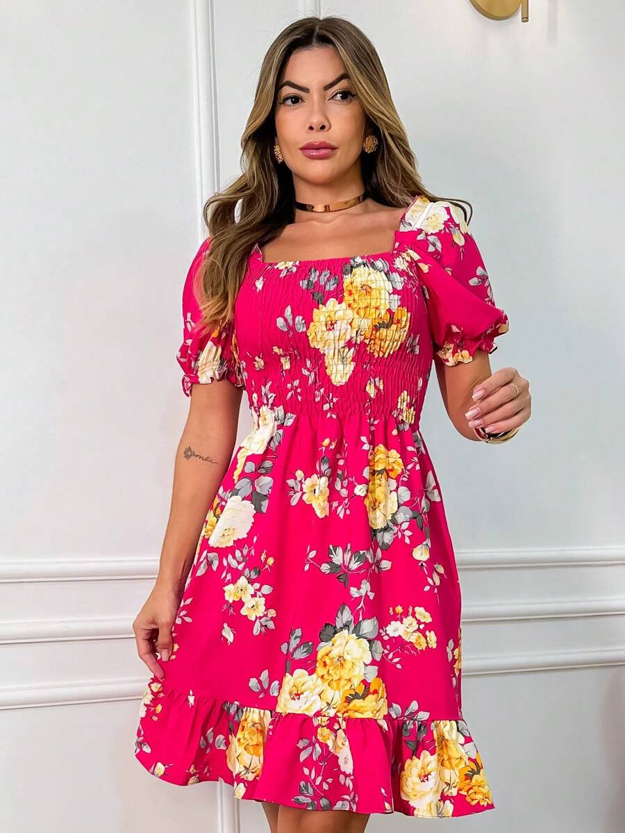 Short Dress/With Stretch/Puff Sleeves/Princess/Floral/Women's Fashion - FJ-PINK - 查看 1