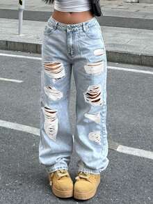 Women Casual Light Color Water-Washed Ripped Straight Leg Denim Jeans For Daily Wear - Light Wash - View 4