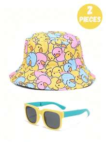 2 peças de boné de beisebol amarelo fofo e casual e óculos dobráveis para adolescentes, adequados para passeios diários, férias na praia ao ar livre, sombreamento e proteção solar