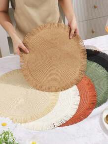 2 piezas/8 piezas Manteles individuales redondos de 15 pulgadas de fibra de papel tejida con borlas, resistentes al calor, decoración de vajilla de hotel y restaurante, decoración de mesa de comedor y sala de estar, antideslizante, adecuado para reuniones en el hogar y fiestas de boda