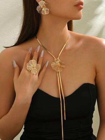 4 قطع مجموعة مجوهرات نسائية أنيقة: قلادة + أقراط + خاتم. طراز معدني مبالغ فيه وأنيق، تصميم هندسي وزهري مجوف، مزود بسلسلة ثعبان وقلادة طويلة على شكل Y. مناسب للارتداء اليومي، الحفلات والمناسبات، هدية فاخرة متعددة الاستخدامات