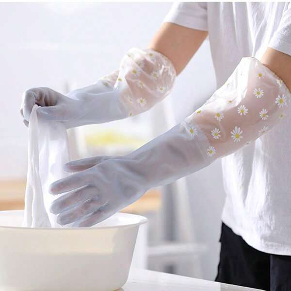 1 par de guantes impermeables y resistentes al aceite de manga larga para lavar los platos, la limpieza de la cocina y la limpieza de la ropa, de material PVC durable de capa única, fácil de limpiar, reutilizable, material reforzado