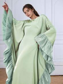 连衣裙女士奢华阿巴亚蝴蝶袖长裙优雅迪拜阿巴亚长袍卡夫坦伊斯兰服饰 - 薄荷綠 - 查看 3