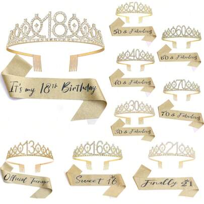 13/16/18/21/30/40/50/60/70 Th Birthday Sash&Hinestone Tiara Set, Crown And Strap, 13/16/18/21/30/40/50/60/70 Birthday Gift, Suitable For Girls/Women's Birthday Party Decoration, Event Decoration Character Display Gift(GOLD)